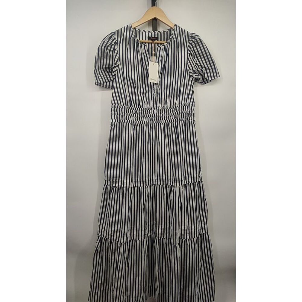 Quince Black and White Striped Tiered Midi Dress